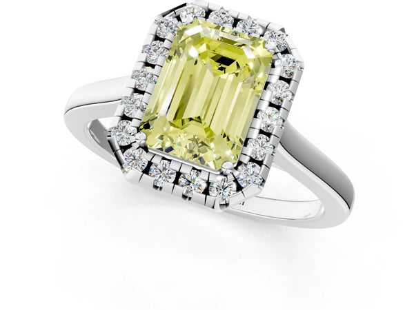 White gold Fancy Yellow Emerald Cut Halo Round Diamond Solitaire Ring with Pavé Band and Four-Prong Setting