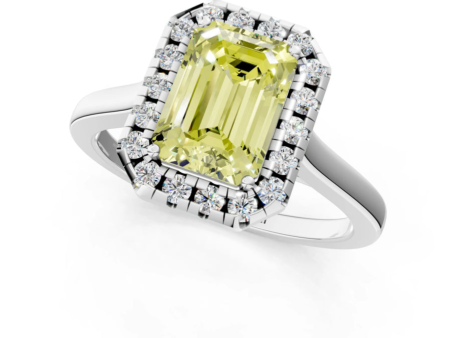 White gold Fancy Yellow Emerald Cut Halo Round Diamond Solitaire Ring with Pavé Band and Four-Prong Setting
