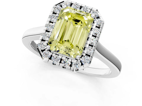 White gold Fancy Yellow Emerald Cut Halo Round Diamond Solitaire Ring with Pavé Band and Four-Prong Setting_1