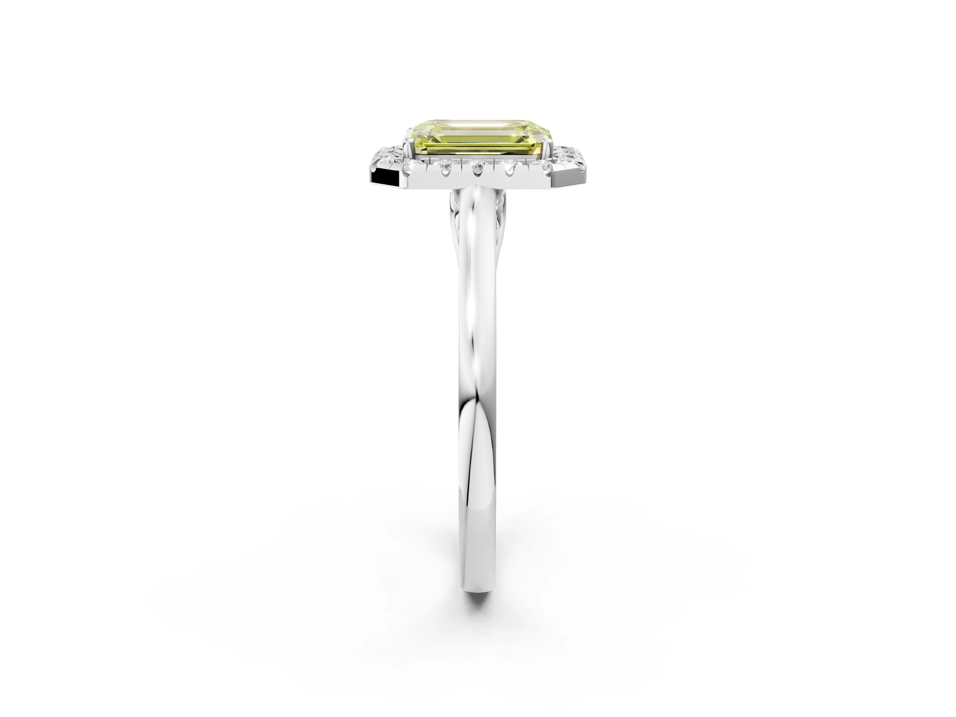 White gold Fancy Yellow Emerald Cut Halo Round Diamond Solitaire Ring with Pavé Band and Four-Prong Setting_2