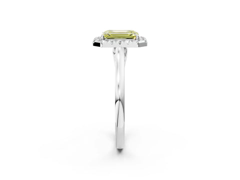 White gold Fancy Yellow Emerald Cut Halo Round Diamond Solitaire Ring with Pavé Band and Four-Prong Setting_2
