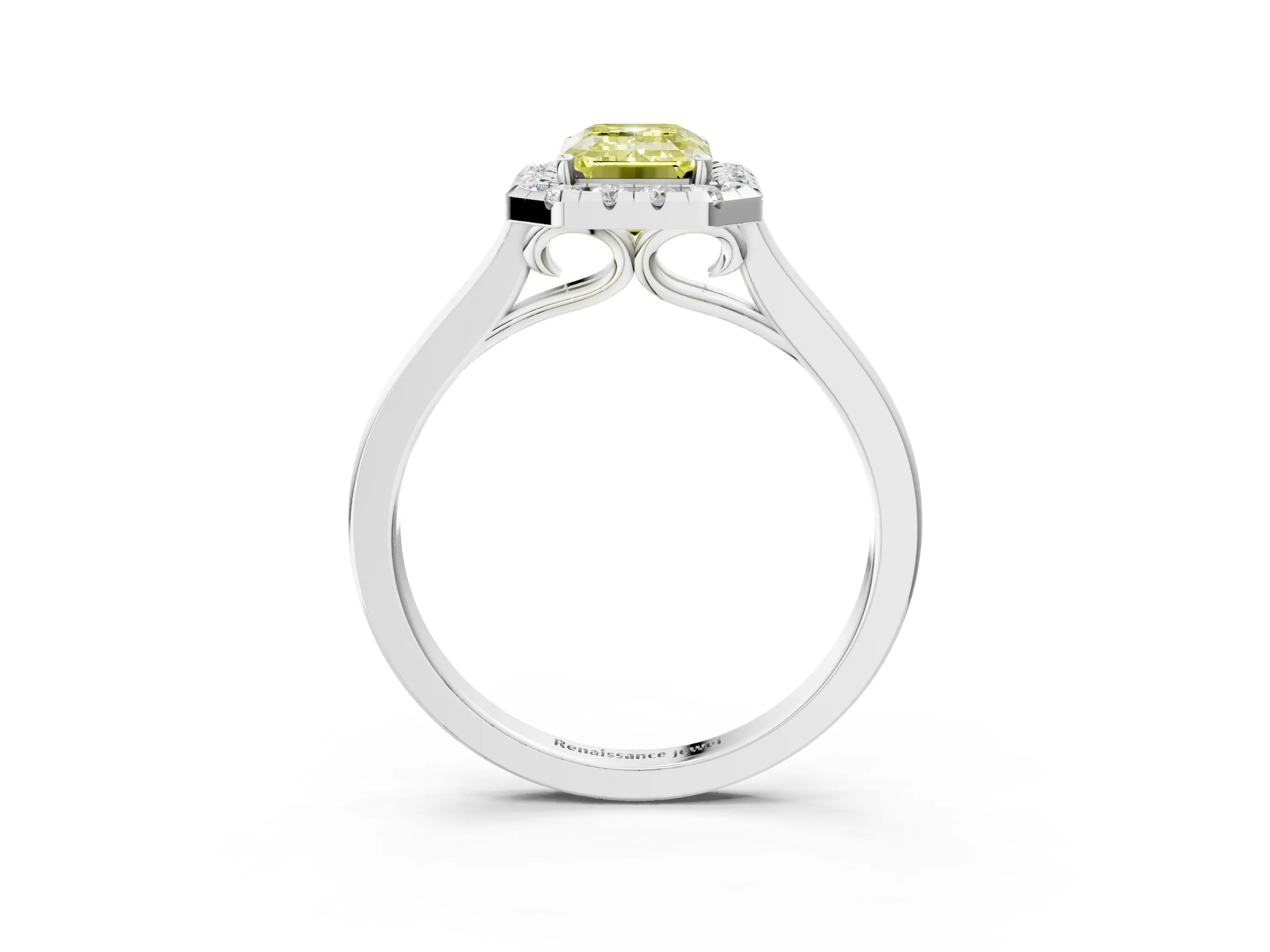 White gold Fancy Yellow Emerald Cut Halo Round Diamond Solitaire Ring with Pavé Band and Four-Prong Setting_3