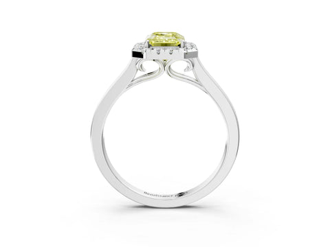 White gold Fancy Yellow Emerald Cut Halo Round Diamond Solitaire Ring with Pavé Band and Four-Prong Setting_3