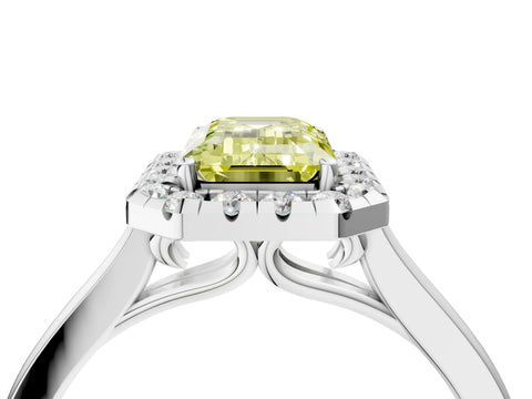 White gold Fancy Yellow Emerald Cut Halo Round Diamond Solitaire Ring with Pavé Band and Four-Prong Setting_4