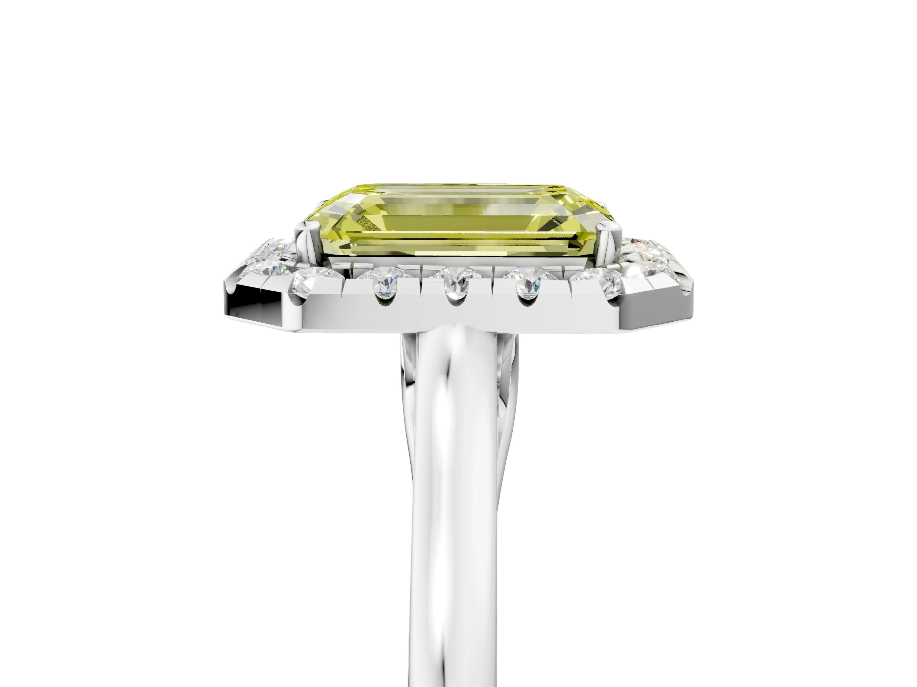 White gold Fancy Yellow Emerald Cut Halo Round Diamond Solitaire Ring with Pavé Band and Four-Prong Setting_5