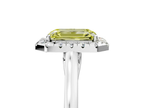 White gold Fancy Yellow Emerald Cut Halo Round Diamond Solitaire Ring with Pavé Band and Four-Prong Setting_5