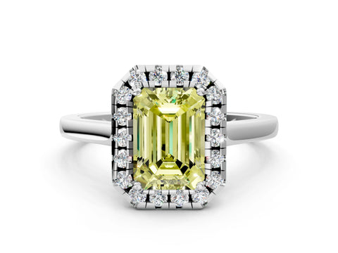 White gold Fancy Yellow Emerald Cut Halo Round Diamond Solitaire Ring with Pavé Band and Four-Prong Setting