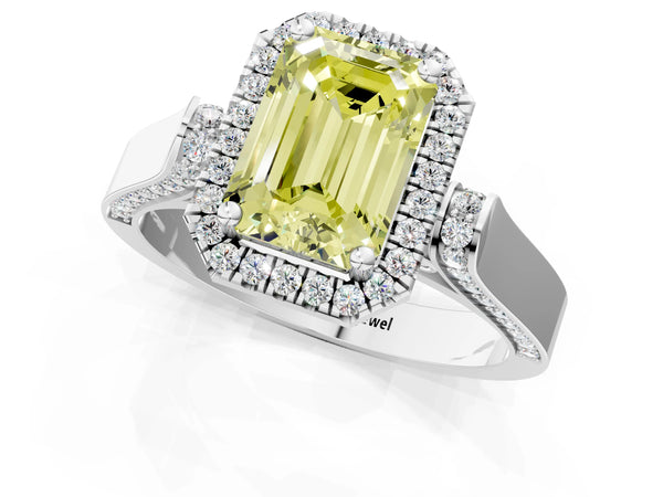 White gold Fancy Yellow Emerald Cut Halo Round Diamond Twist Band with Four-Prong Setting
