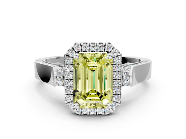 White gold Fancy Yellow Emerald Cut Halo Round Diamond Twist Band with Four-Prong Setting