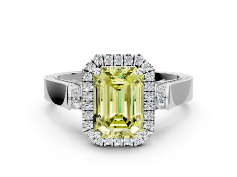 White gold Fancy Yellow Emerald Cut Halo Round Diamond Twist Band with Four-Prong Setting_24