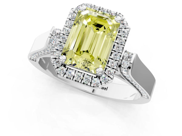 White gold Fancy Yellow Emerald Cut Halo Round Diamond Twist Band with Four-Prong Setting