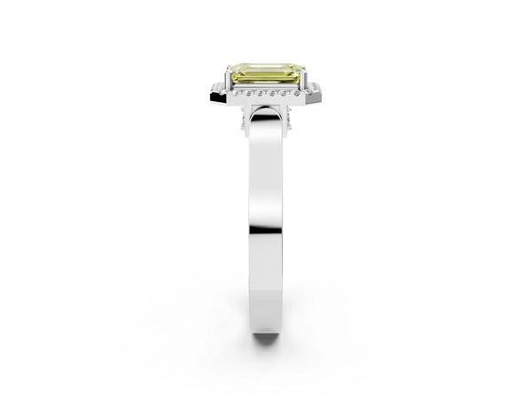 White gold Fancy Yellow Emerald Cut Halo Round Diamond Twist Band with Four-Prong Setting