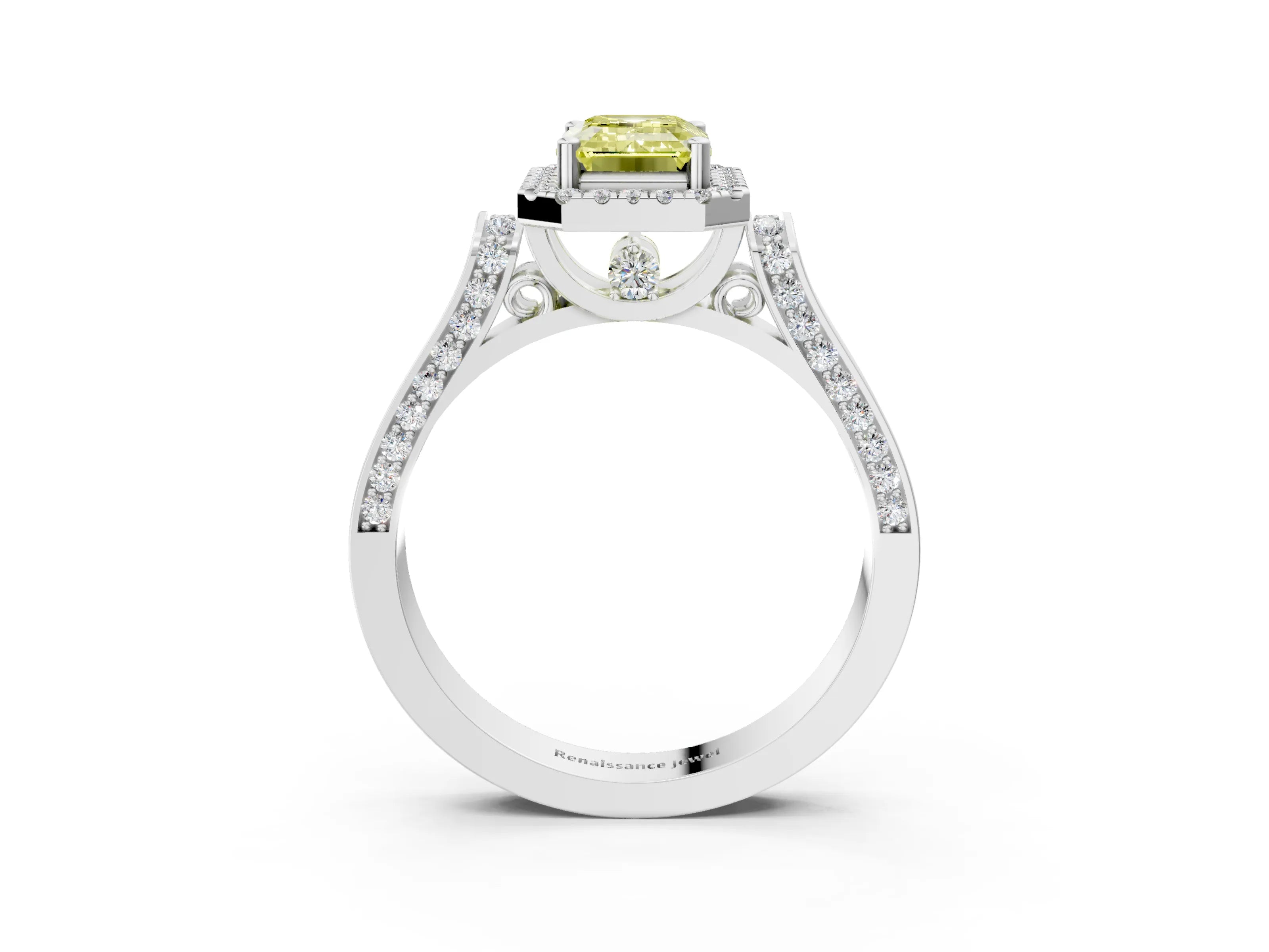 White gold Fancy Yellow Emerald Cut Halo Round Diamond Twist Band with Four-Prong Setting_27