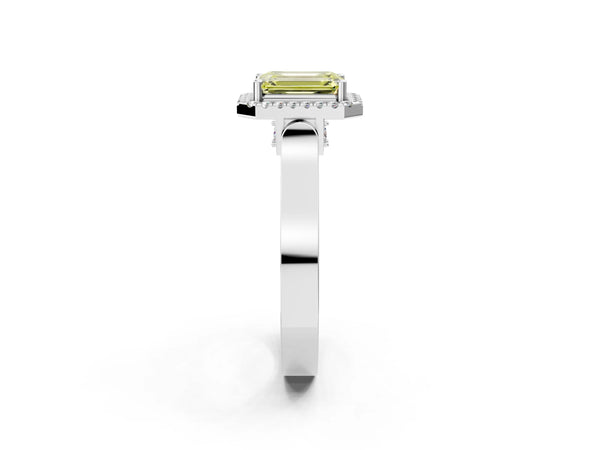 White gold Fancy Yellow Emerald Cut Halo Round Diamond Twist Band with Four-Prong Setting