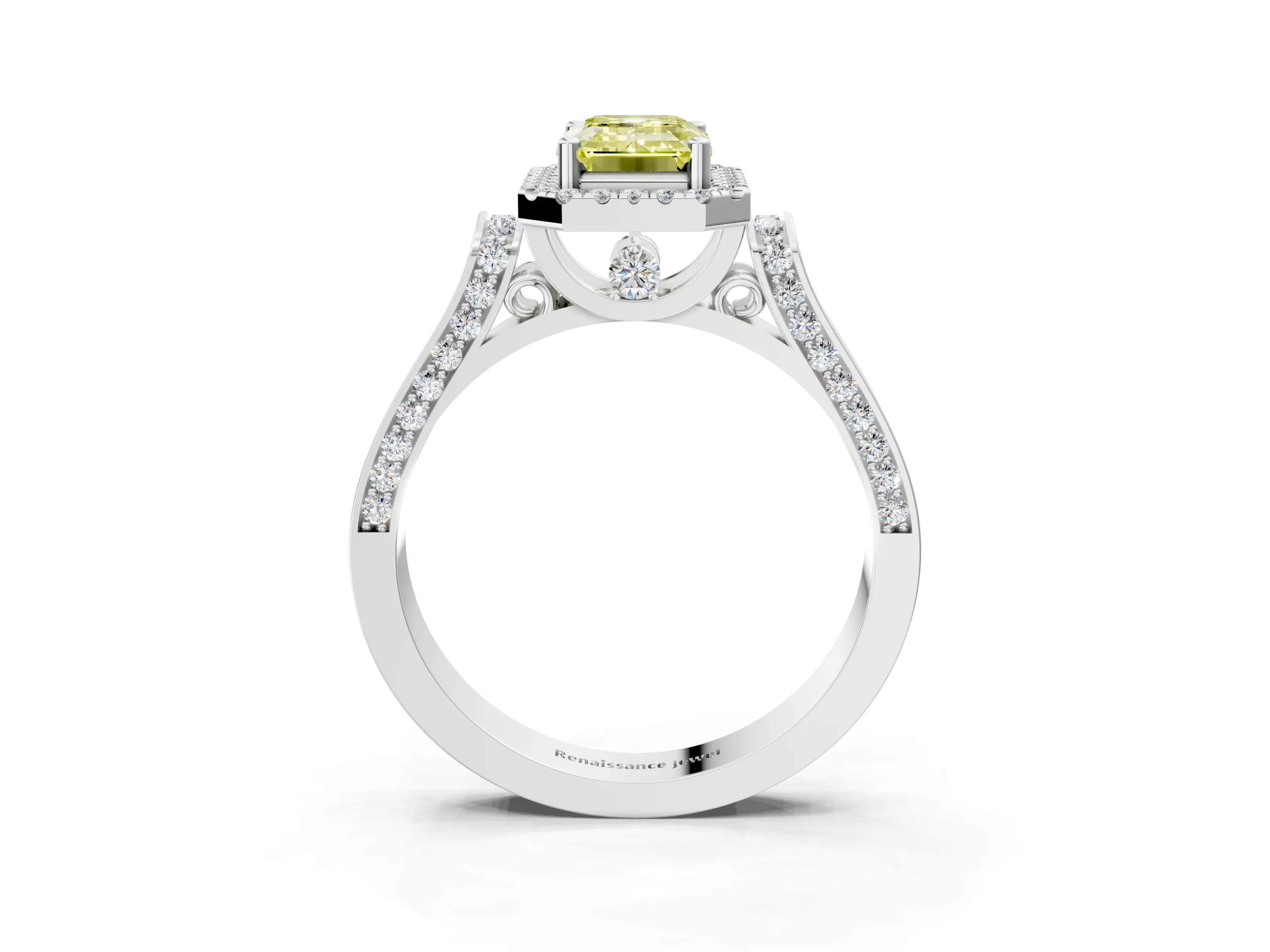 White gold Fancy Yellow Emerald Cut Halo Round Diamond Twist Band with Four-Prong Setting_3