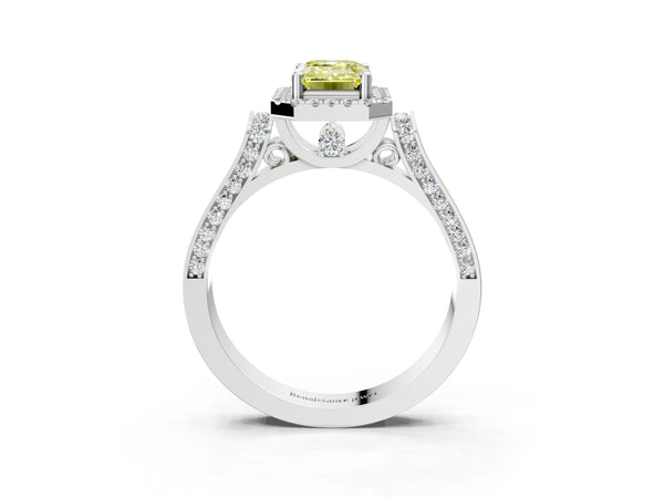White gold Fancy Yellow Emerald Cut Halo Round Diamond Twist Band with Four-Prong Setting