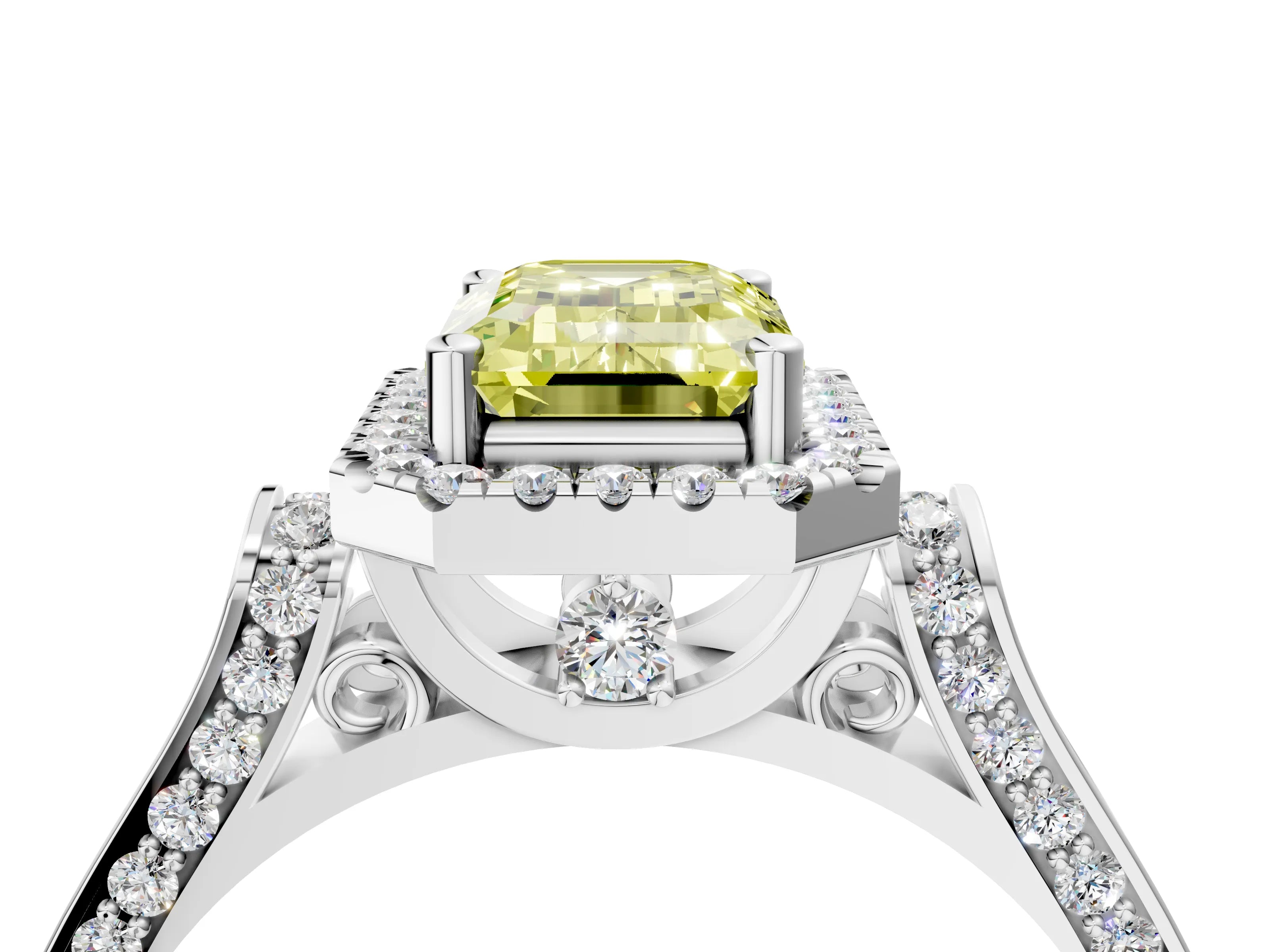 White gold Fancy Yellow Emerald Cut Halo Round Diamond Twist Band with Four-Prong Setting_4