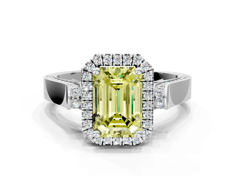 White gold Fancy Yellow Emerald Cut Halo Round Diamond Twist Band with Four-Prong Setting