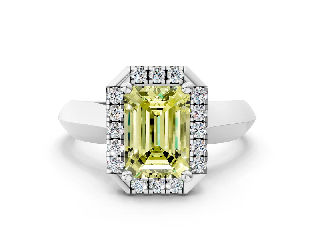 White gold Fancy Yellow Emerald  Cut Halo Solitaire Engagement Ring with Square Band and Four-Prong Setting_120