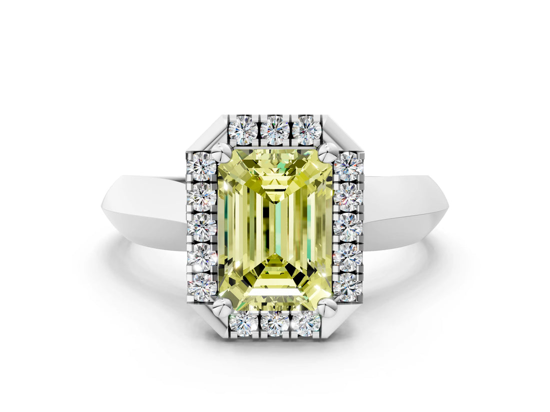 White gold Fancy Yellow Emerald  Cut Halo Solitaire Engagement Ring with Square Band and Four-Prong Setting_12