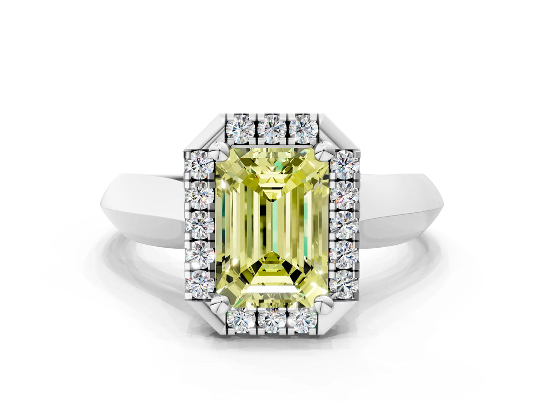 White gold Fancy Yellow Emerald  Cut Halo Solitaire Engagement Ring with Square Band and Four-Prong Setting_144