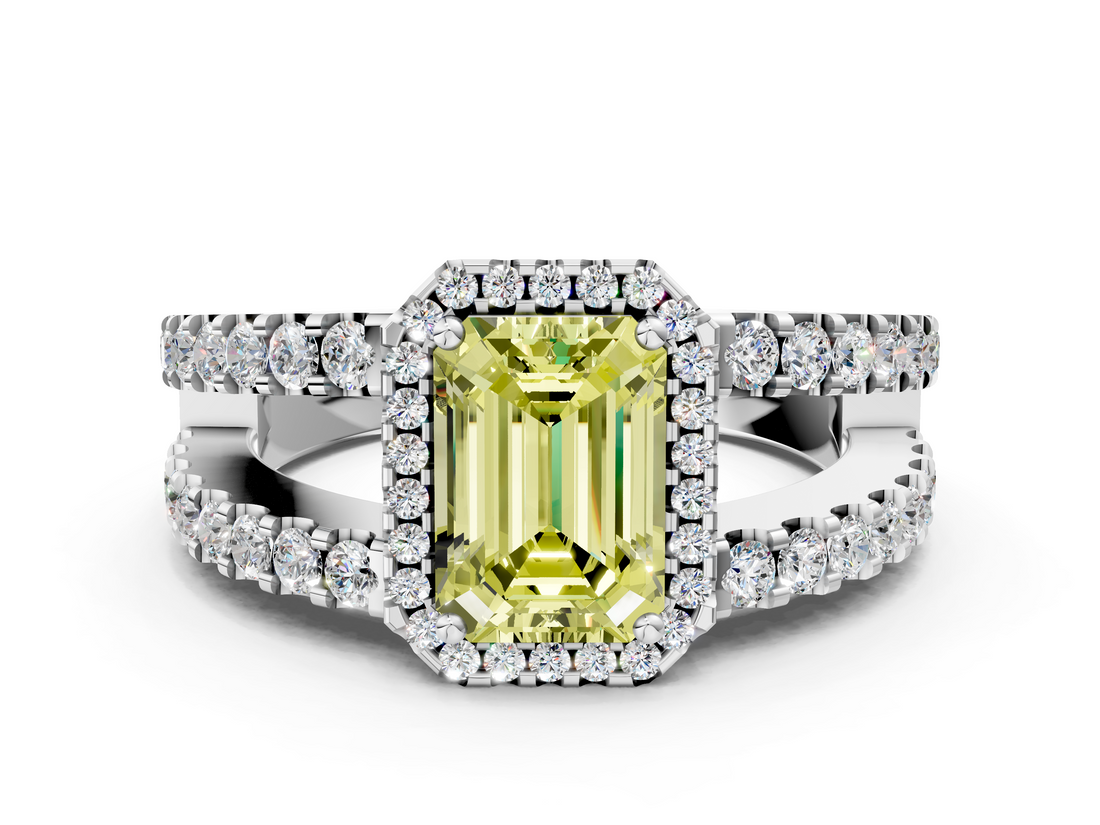 White gold Fancy Yellow Emerald  Cut Halo Split Shank Diamond Ring with Four-Prong Setting_44