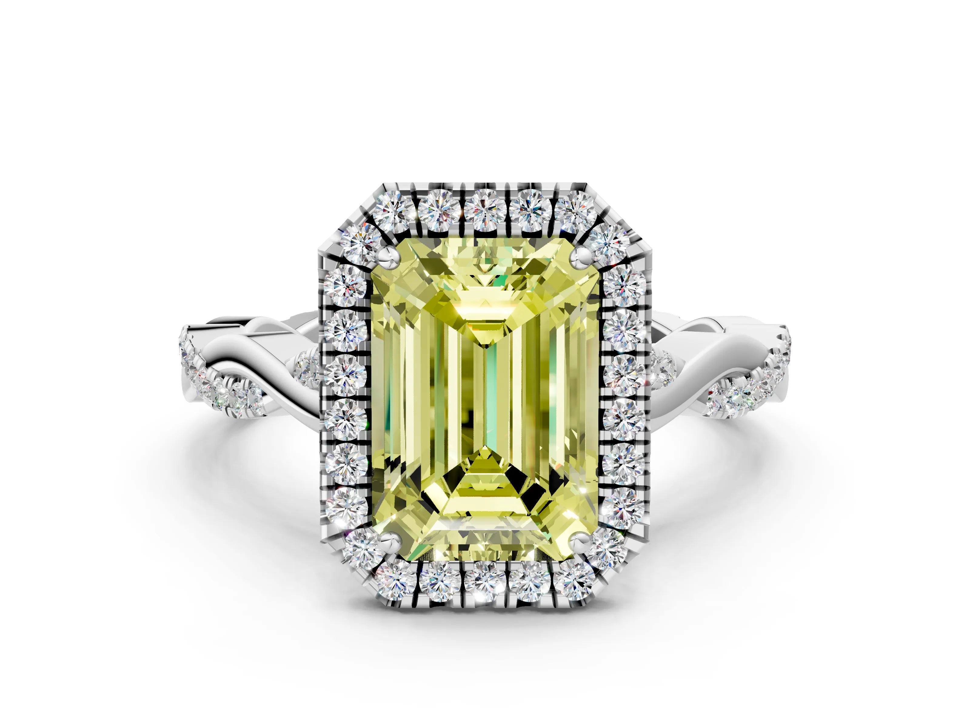 White gold Fancy Yellow Emerald Cut Halo Twist Band with Four-Prong Setting