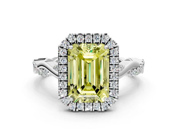 White gold Fancy Yellow Emerald Cut Halo Twist Band with Four-Prong Setting
