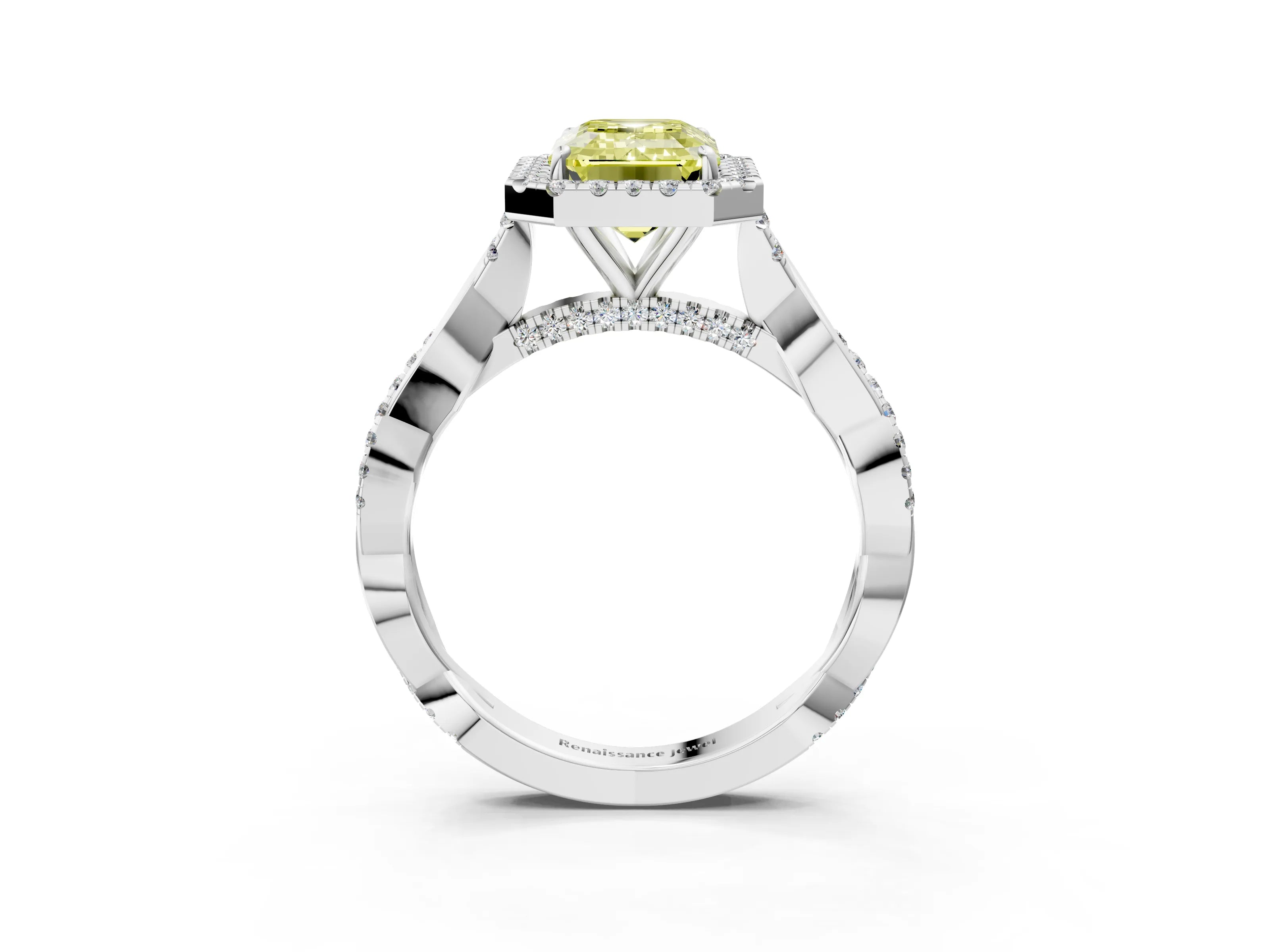 White gold Fancy Yellow Emerald Cut Halo Twist Band with Four-Prong Setting_3