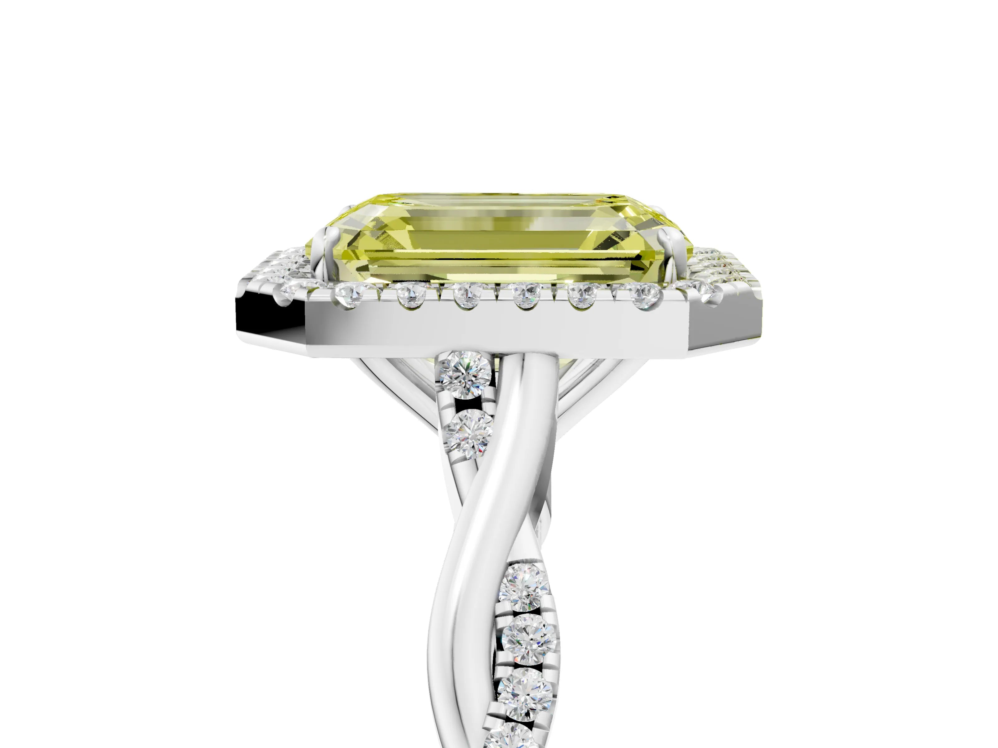 White gold Fancy Yellow Emerald Cut Halo Twist Band with Four-Prong Setting_5