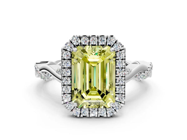White gold Fancy Yellow Emerald Cut Halo Twist Band with Four-Prong Setting