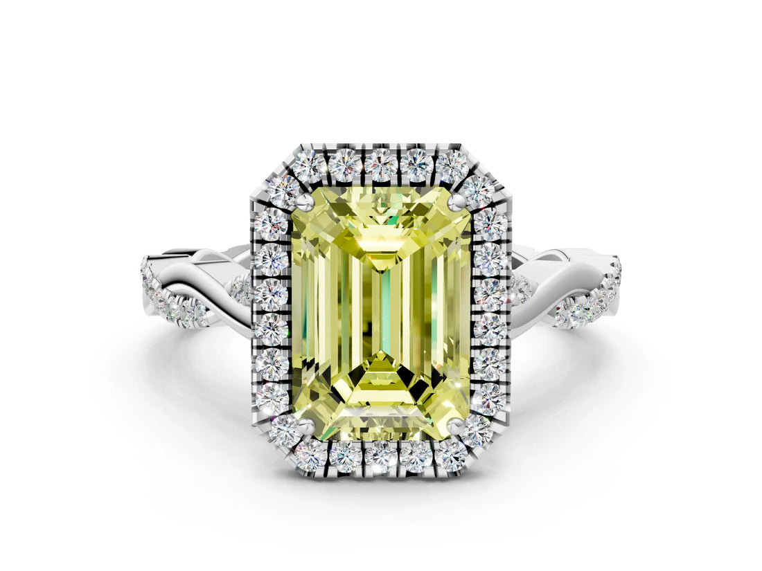 White gold Fancy Yellow Emerald Cut Halo Twist Band with Four-Prong Setting_73