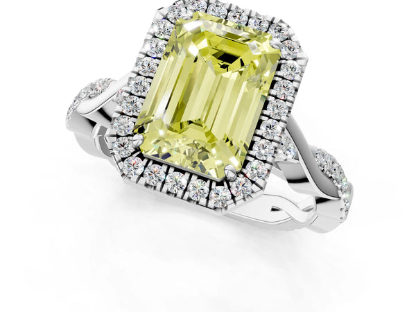 White gold Fancy Yellow Emerald Cut Halo Twist Band with Four-Prong Setting