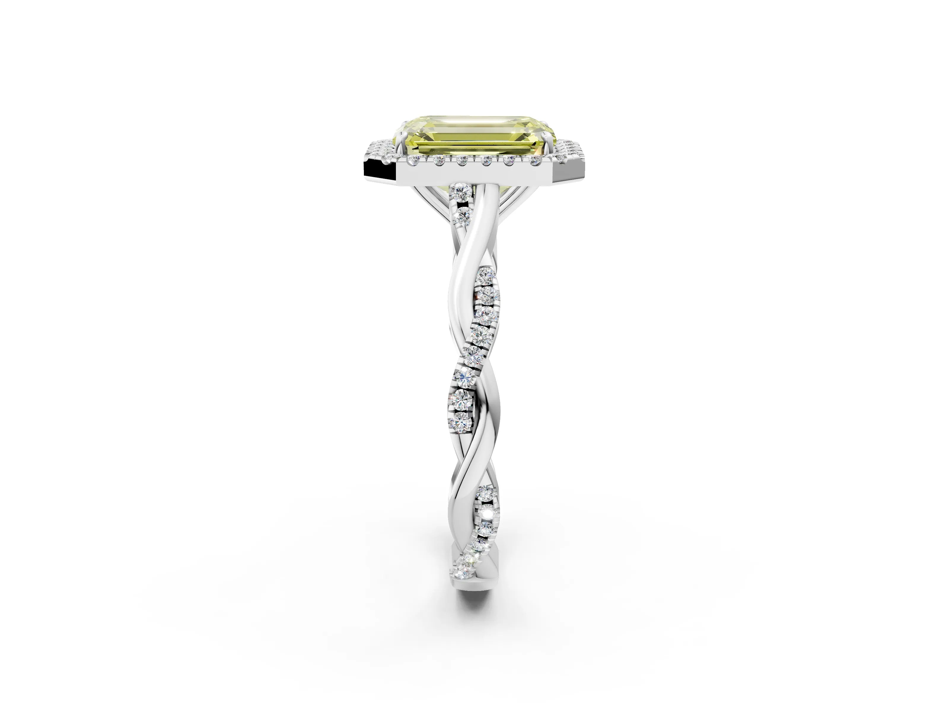 White gold Fancy Yellow Emerald Cut Halo Twist Band with Four-Prong Setting_74