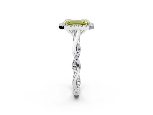 White gold Fancy Yellow Emerald Cut Halo Twist Band with Four-Prong Setting