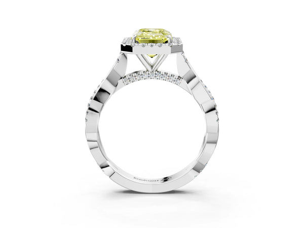 White gold Fancy Yellow Emerald Cut Halo Twist Band with Four-Prong Setting