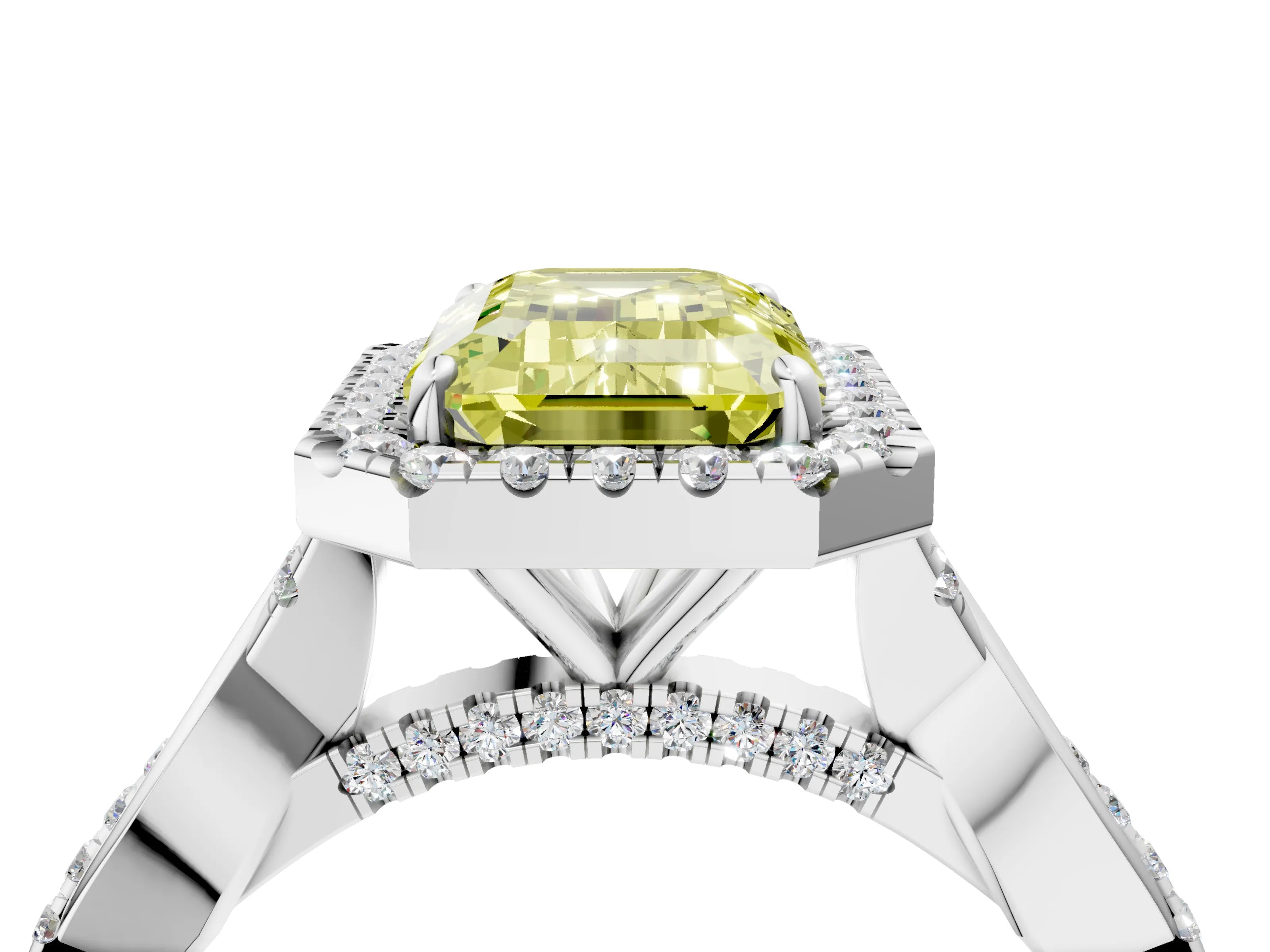White gold Fancy Yellow Emerald Cut Halo Twist Band with Four-Prong Setting_76