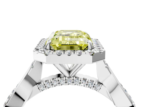White gold Fancy Yellow Emerald Cut Halo Twist Band with Four-Prong Setting_76