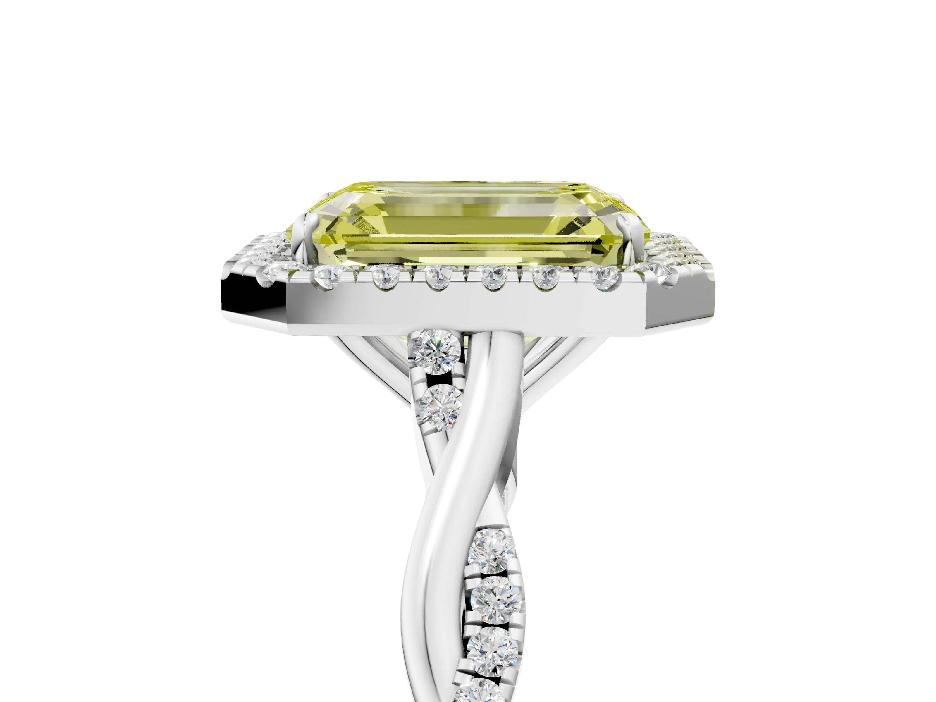 White gold Fancy Yellow Emerald Cut Halo Twist Band with Four-Prong Setting_77