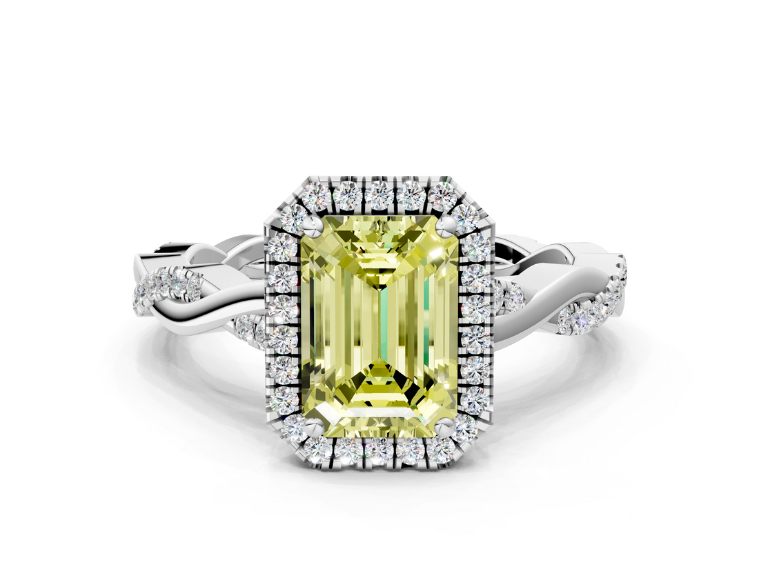 White gold Fancy Yellow Emerald  Cut Halo Twisted Band Four-Prong Ring_19
