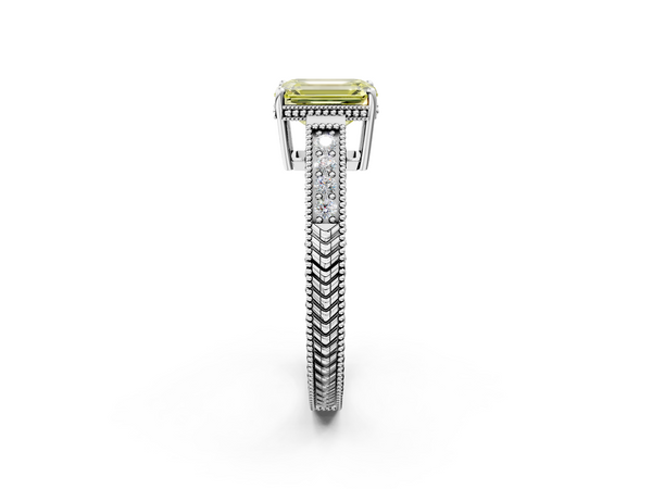 White gold Fancy Yellow Emerald Cut Diamond Engagement Ring with Milgrain Channel Set Band and Prong Setting