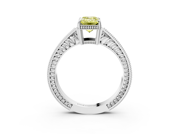 White gold Fancy Yellow Emerald Cut Diamond Engagement Ring with Milgrain Channel Set Band and Prong Setting