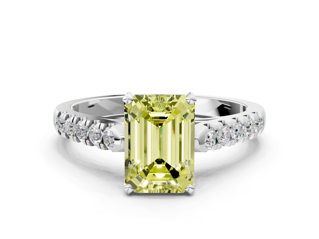 White gold Fancy Yellow Emerald  Cut Pavé Band Solitaire Ring with Four-Prong Setting_25