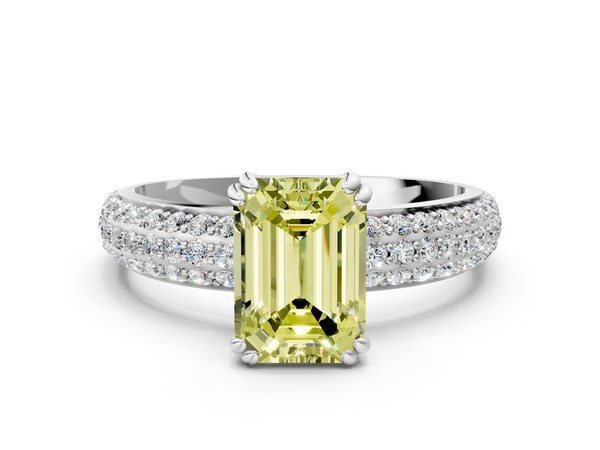 White gold Fancy Yellow Emerald  Cut Pave Diamond Engagement Ring with Channel Set Band and Four-Prong Setting