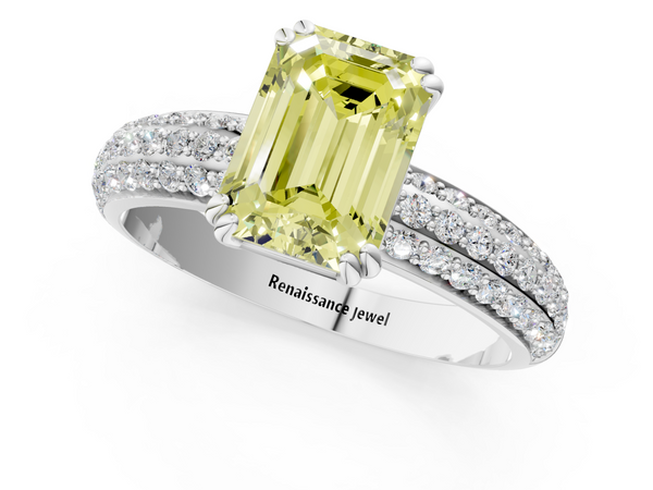 White gold Fancy Yellow Emerald  Cut Pave Diamond Engagement Ring with Channel Set Band and Four-Prong Setting