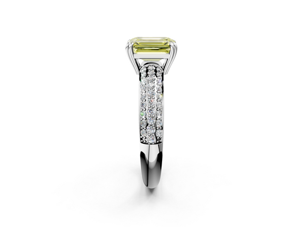 White gold Fancy Yellow Emerald  Cut Pave Diamond Engagement Ring with Channel Set Band and Four-Prong Setting