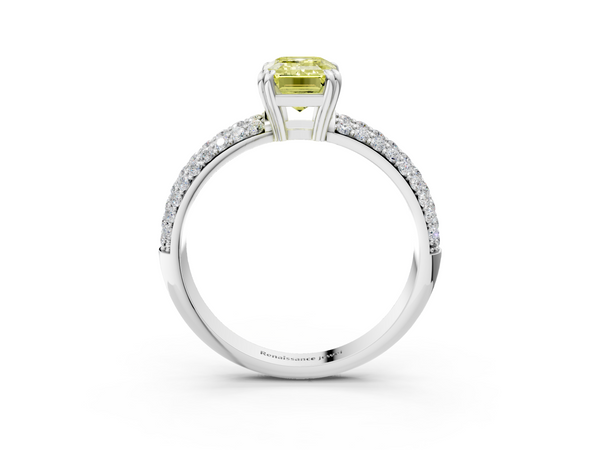 White gold Fancy Yellow Emerald  Cut Pave Diamond Engagement Ring with Channel Set Band and Four-Prong Setting