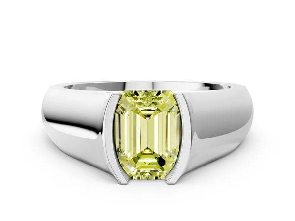 Platinum Fancy Yellow Emerald Cut Solitaire Bezel Set Diamond Ring with Wide Band