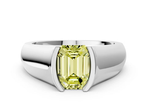 White gold Fancy Yellow Emerald Cut Solitaire Bezel Set Diamond Ring with Wide Band_12