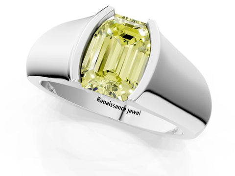 White gold Fancy Yellow Emerald Cut Solitaire Bezel Set Diamond Ring with Wide Band_13